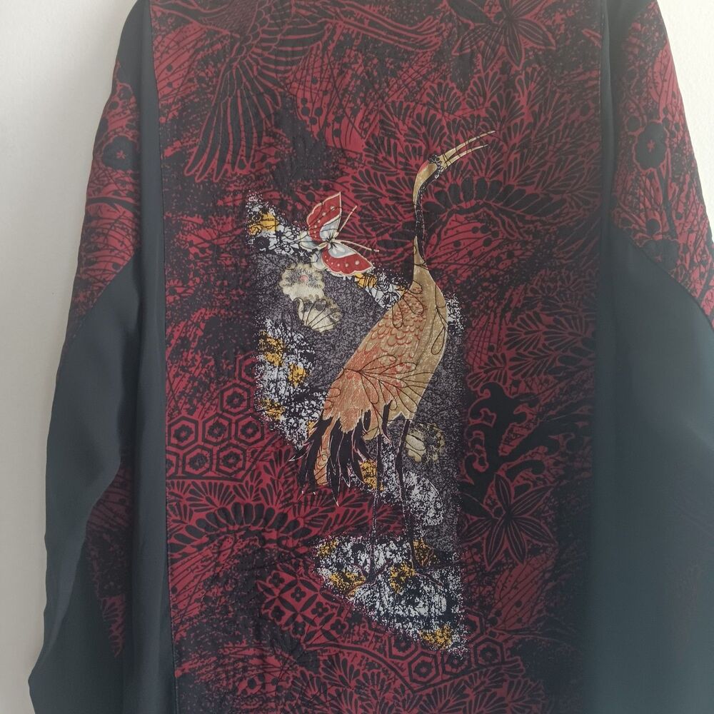 Harari Silk Red Black Floral Asian Butterfly Crane Print Arty Art to Wear Sz XL